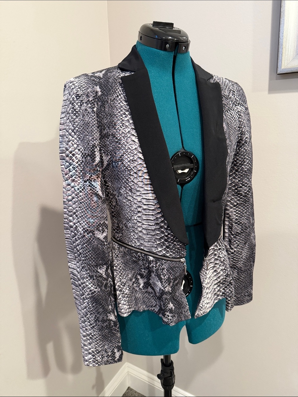 Rebecca Taylor Gray Snake-Print Blazer with Black Satin Lapel